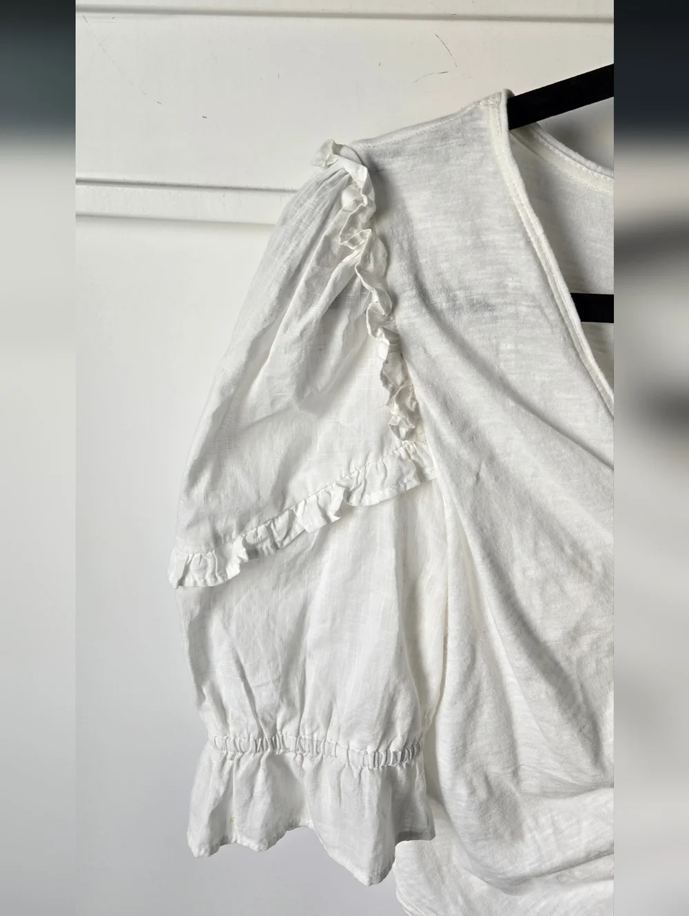 Anthropologie White Ruched V-Neck Puff Sleeve Blouse